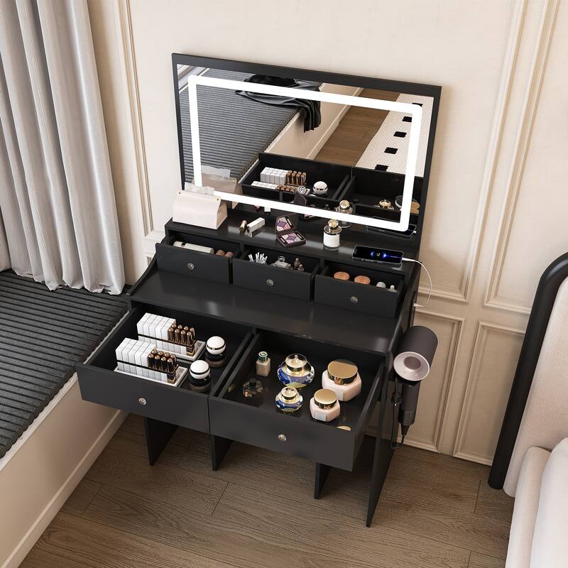 Anmytek LED Lighted 5 Drawers Vanity Desk Black Makeup Dressing Table with Power Outlet and Hair Dryer Holder