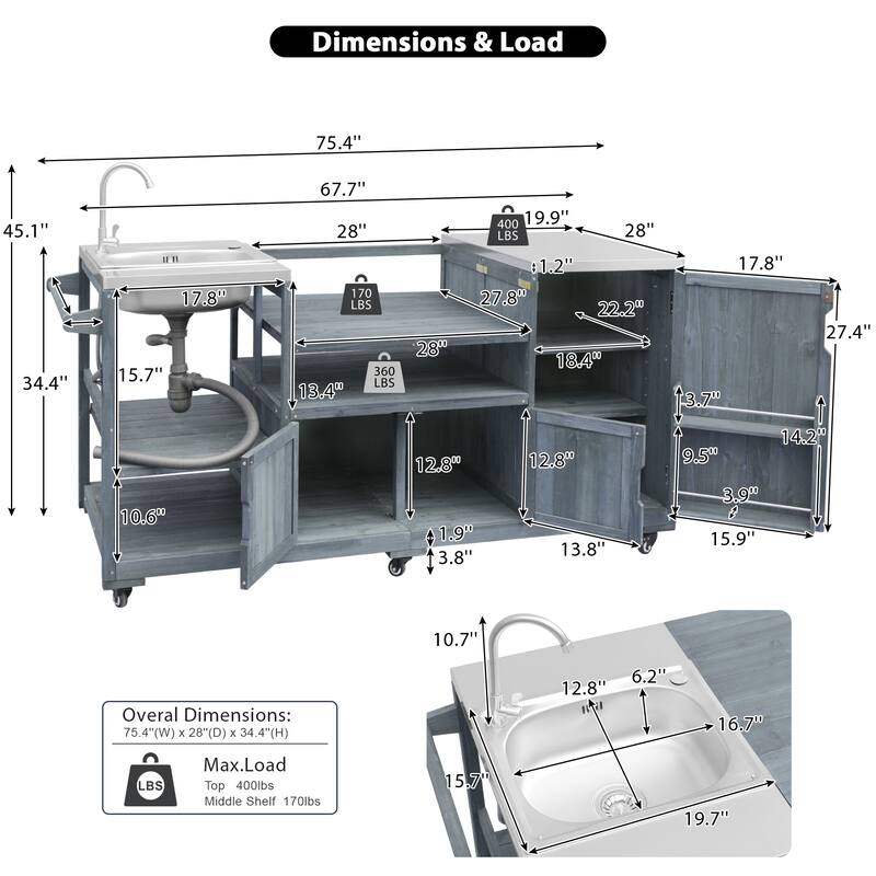 Roomfitters 75.4" Outdoor Kitchen Island with Sink, Fir Wood Grill Cart for XL Green Egg & Tabletop Grills
