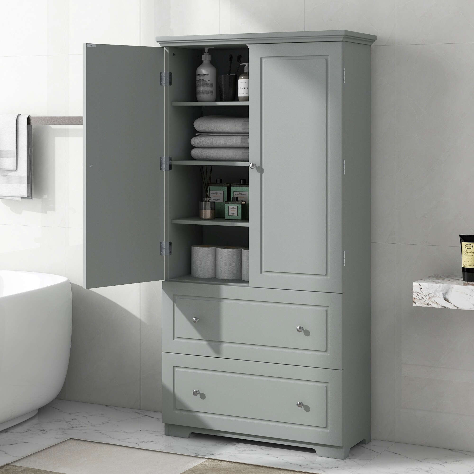 32.6 in. W x 13 in. D x 62.3 in. H Grey Tall Wide Linen Cabinet