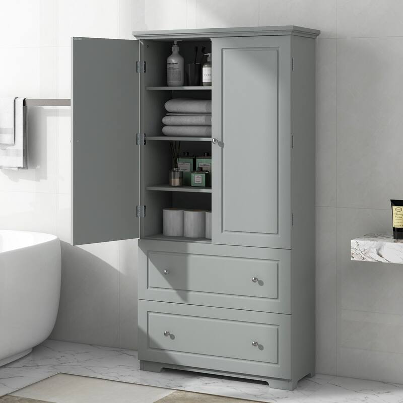 Wood Frame Freestanding Storage Cabinet with Adjustable Shelf and Drawers