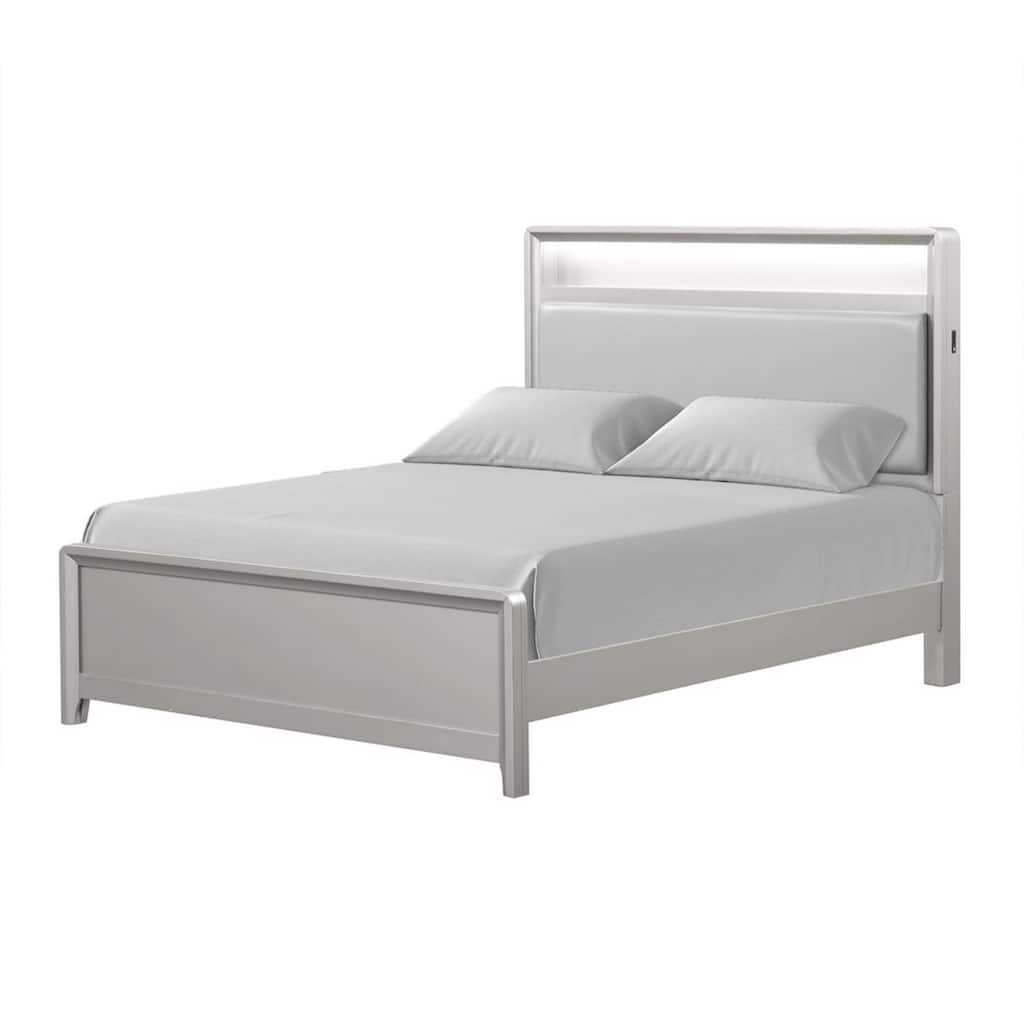 Broy Twin Size Bed w LED Bookcase Headboard, Champagne Silver Veneer