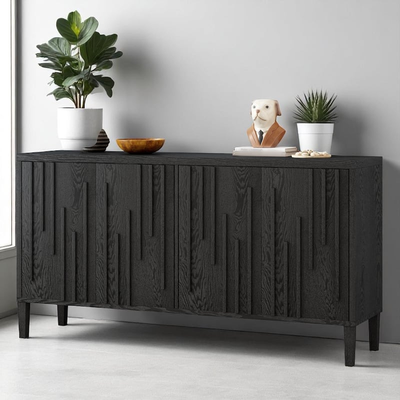 59.8" Wood Sideboard Buffet with Hidden Handles, Ash Veneer 4-Door Cabinet with Storage, Farmhouse Credenza