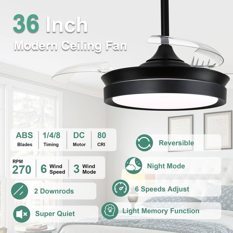 Cusp Barn 36 Inch Retractable Ceiling Fan with Lights, Modern 6 Speeds Silent DC Motor Fandelier Ceiling Fan for Bedroom