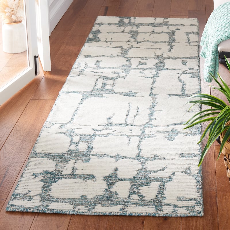 Martha Stewart by SAFAVIEH, Handmade Siun Abstract Wool Rug - 2'3" x 8' Runner - Teal/Ivory