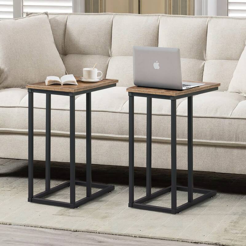 VECELO C-Shaped End Table Small Side Table Sofa Table with Metal Frame C-Shaped Couch Table Nightstand Set of 2 - Grey