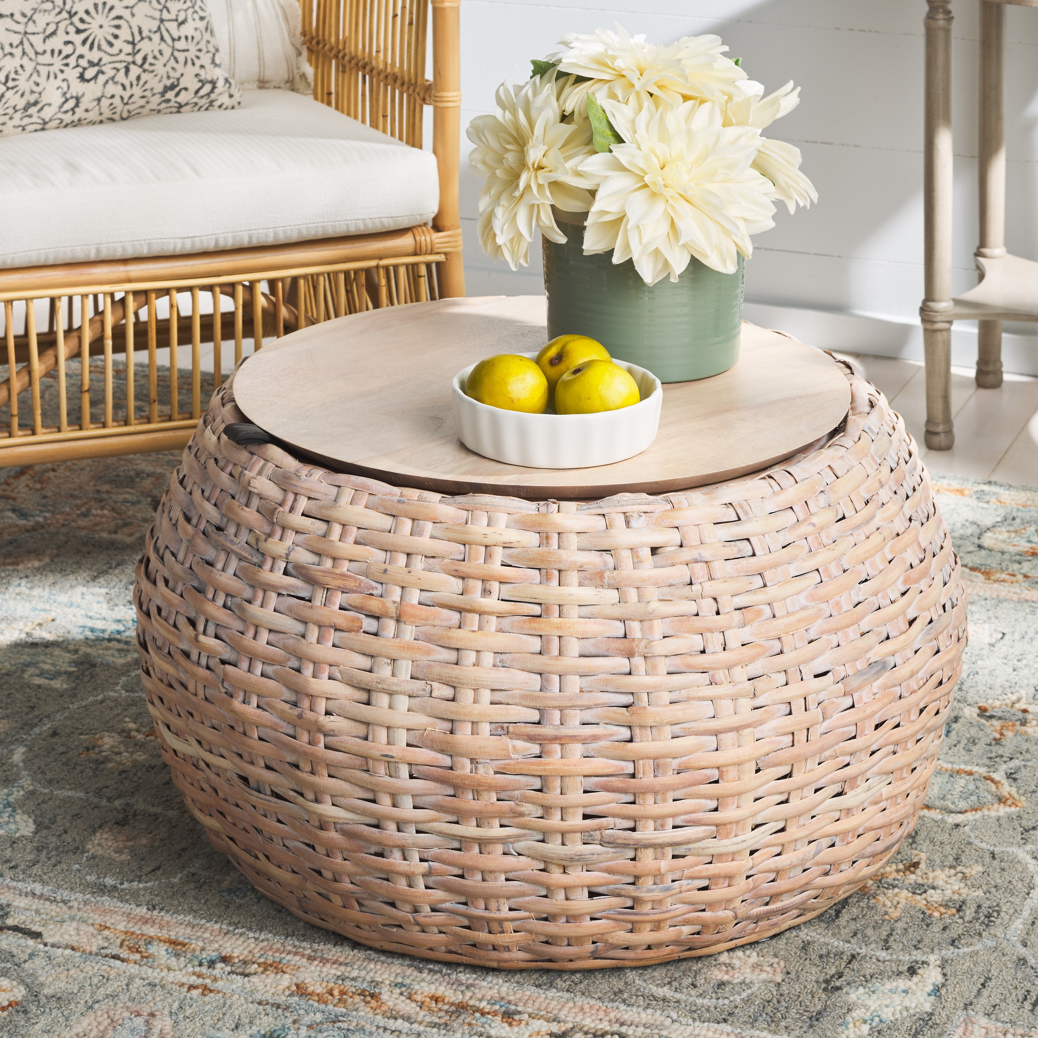 SAFAVIEH Lassie Wood And Rattan Round Storage Coffee Table - 27.6" W x 27.6" L x 15.8" H - 28Wx28Dx16H