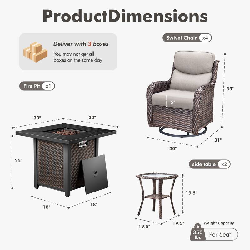 Meyreso 7-Piece Outdoor Patio Wicker Fire Pit 4 person Conversation Set with 5-Inch Thick Cushions