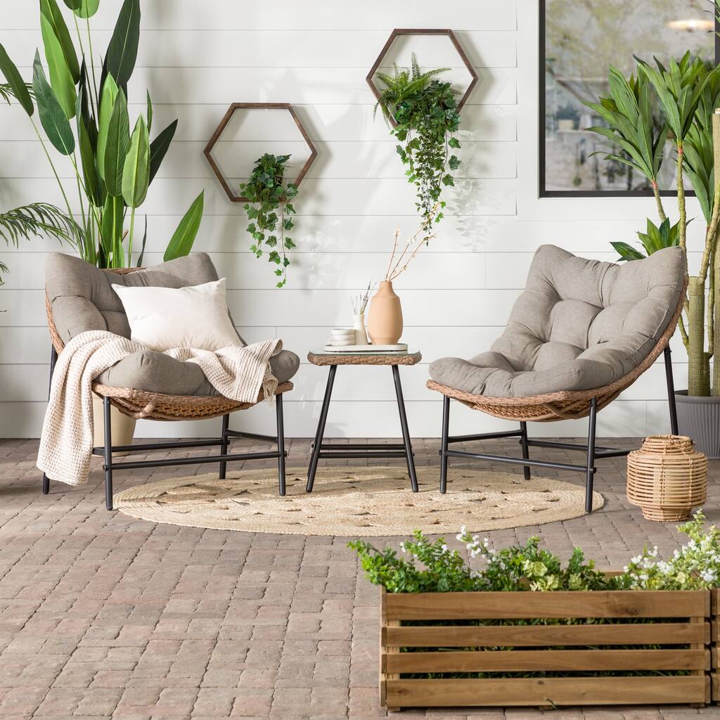 Walker Edison Outdoor 3-Piece Papasan Chairs and Side Table Set - 33 x 31 x 35H