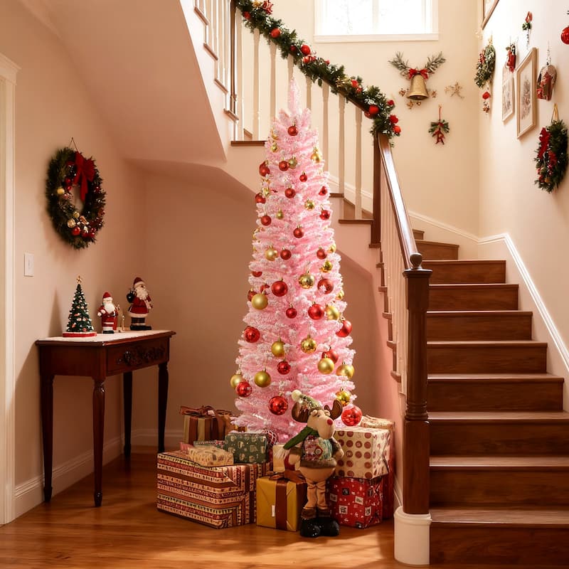 Gymax 5/7/8/6 FT Artificial Pink Christmas Tree w/ 328/635/1000/460