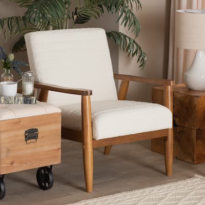 Stratton Mid-Century Modern Cream Boucle Fabric and Walnut Brown Finished Wood Armchair