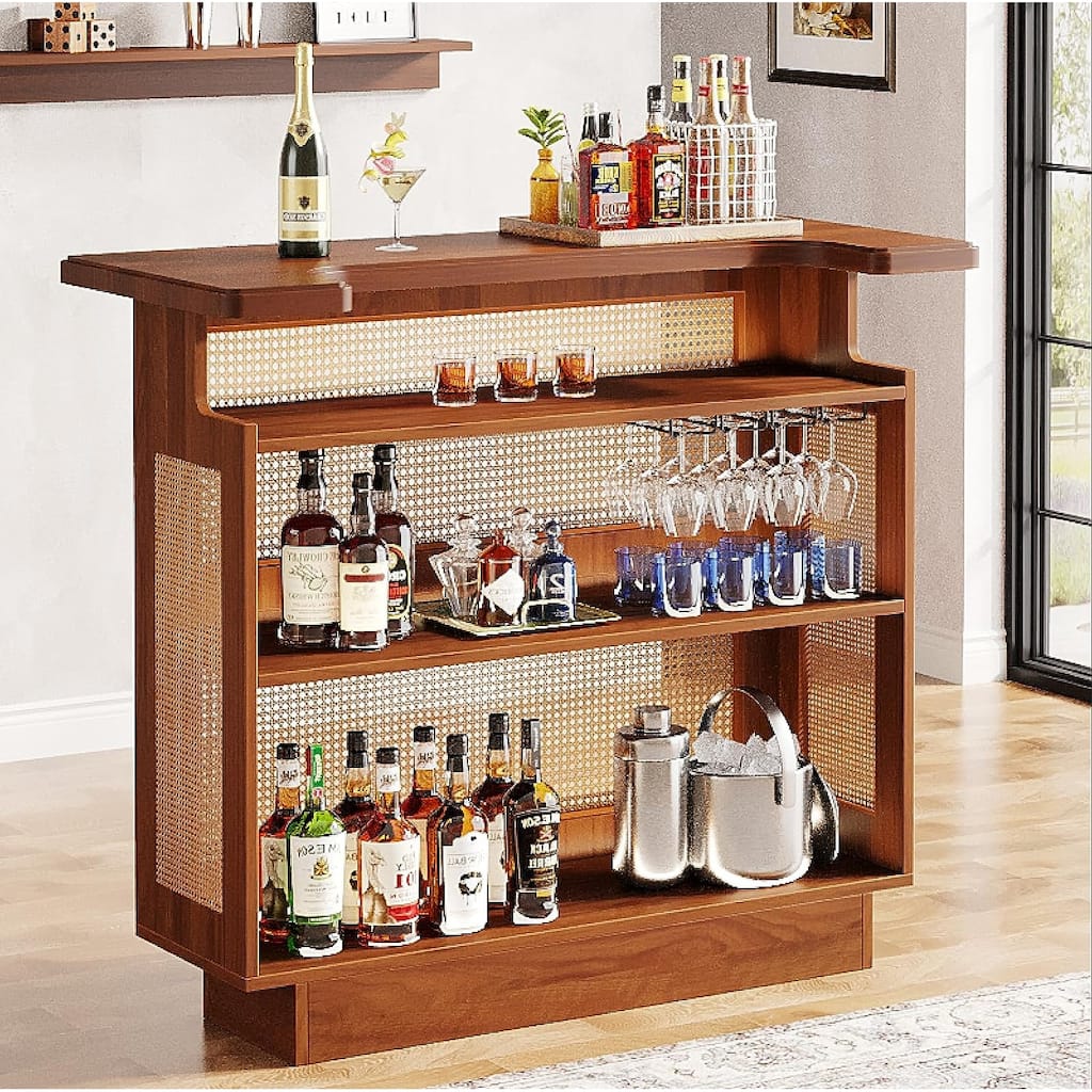 Farmhouse Bar Unit, 4-Tier Rattan Home Bar Table with Stemware Racks