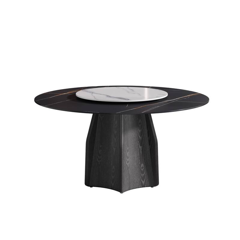 59.05'' Modern Round Sintered Stone Table Top Black Wood Pedestal with Lazy Susan