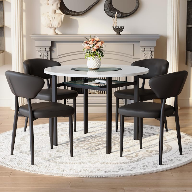 5-Piece Dining Table Set, 42" Modern Round Table with Lower Shelf, 4 Chairs, Minimalist Dining Table and Chairs Set for 4