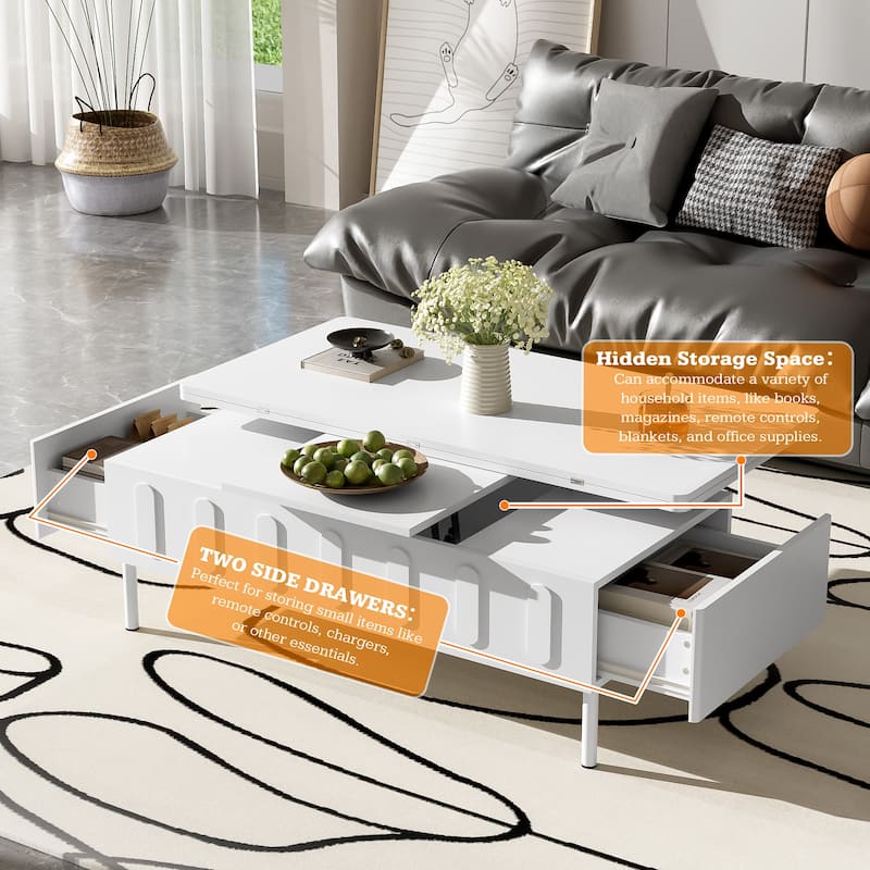 Roomfitters Lift-Top Coffee Table with 2 Drawers and Foldable Top, Hidden Storage Compartment, Adjustable Center Table