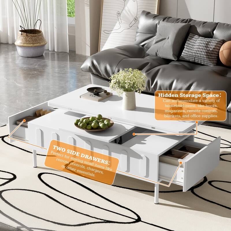 White Coffee Table Center Table with Drawers, Cocktail Table End Table Accent Table with Foldable Top