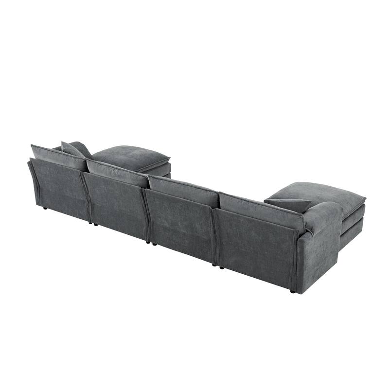 136" Chenille Modular Sectional Sofa, U Shaped, 6 Seat with Movable Ottomans, Dark Gray