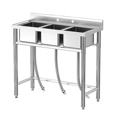 Freestanding Stainless Steel 3 Bowls Sink for Garage, Kitchen - 39 x 18 x 37 Inch