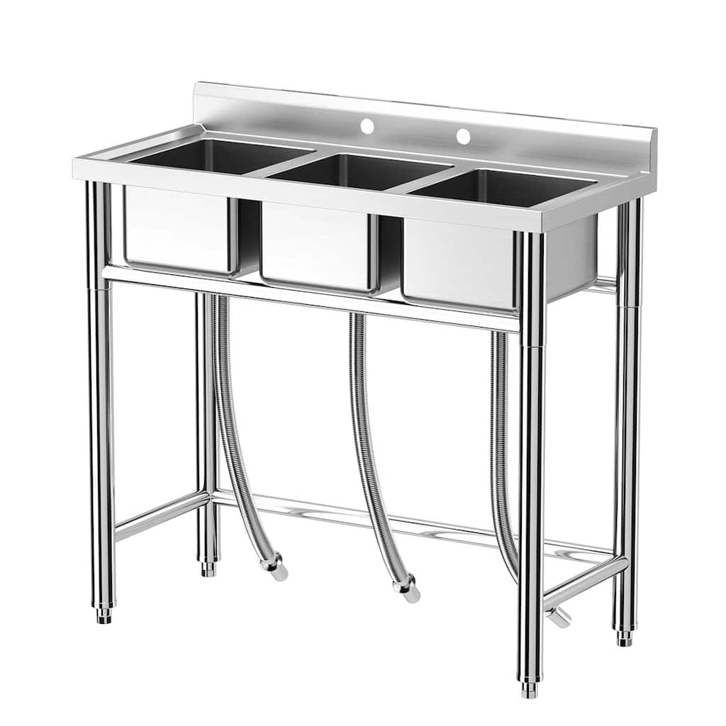 Freestanding Stainless Steel 3 Bowls Sink for Garage, Kitchen - 39 x 18 x 37 Inch