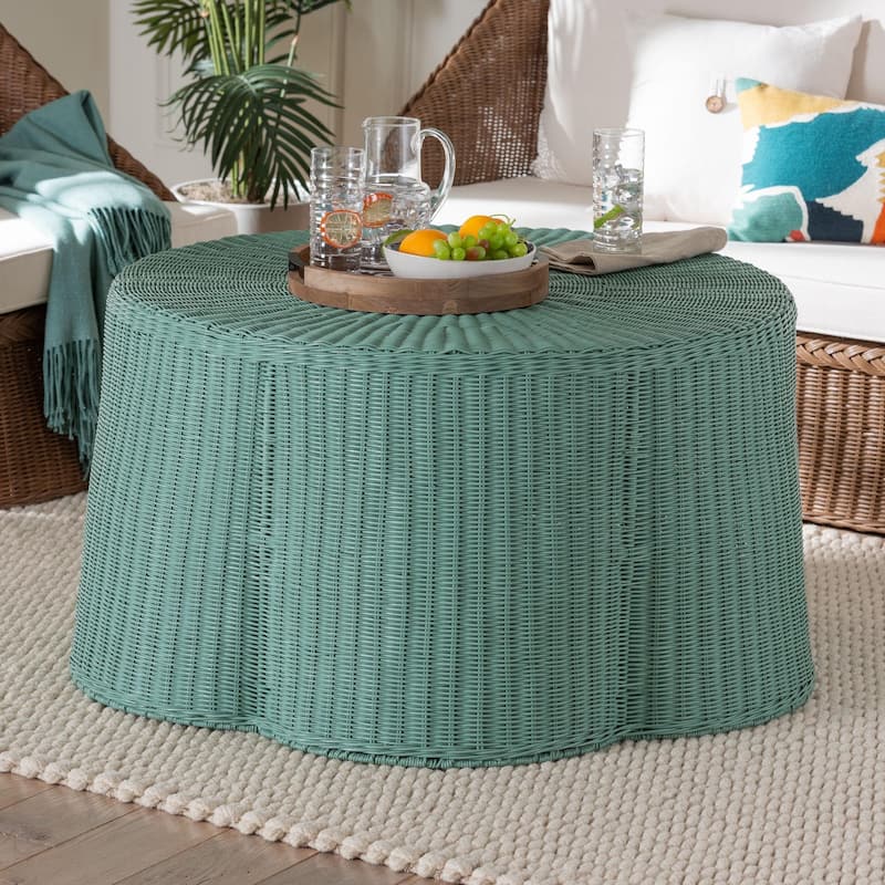 Palm Scalloped Rattan Coffee Table - Handwoven Wicker Round Accent Table for Living Room Patio or Sunroom, Coastal Style