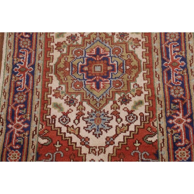 Ivory Geometric Heriz Serapi Indian Foyer Rug Hand-Knotted Wool Carpet - 3'0"x 4'11"