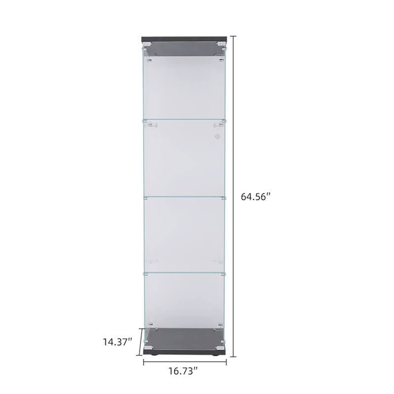 64" Lighted Glass Display Cabinet with One Door, 4 Shelves Tempered Glass Showcase Storage