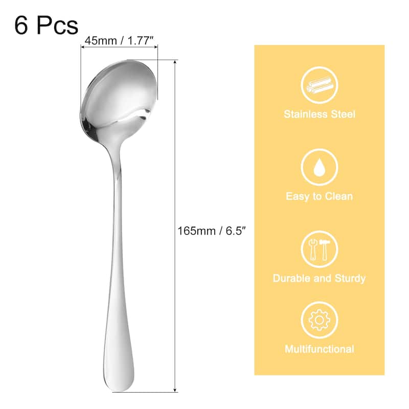 6Pcs 6.5" Stainless Steel Soup Spoon Tea Spoons Round Dinner Spoons, Silver - Silver
