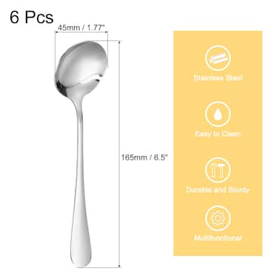 6Pcs 6.5" Stainless Steel Soup Spoon Tea Spoons Round Dinner Spoons, Silver
