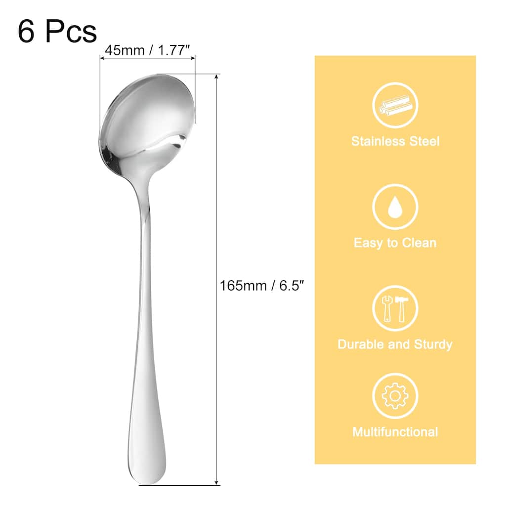 6Pcs 6.5" Stainless Steel Soup Spoon Tea Spoons Round Dinner Spoons, Silver
