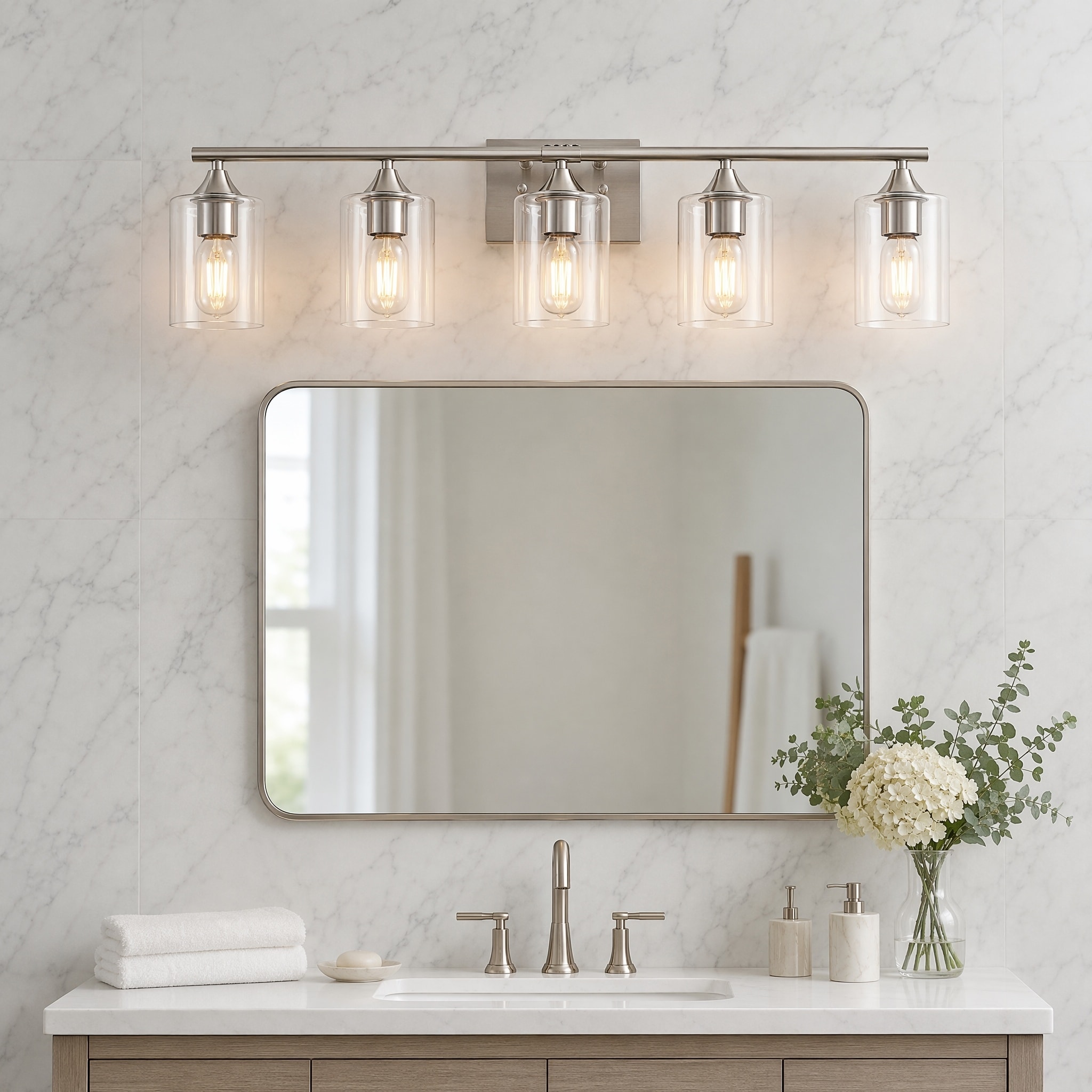 5-Light Luxury Farmhouse Bathroom Vanity Light Fixture, Damp-Proof Sanitary Wall Lamp with Clear Glass Shade for Large Family