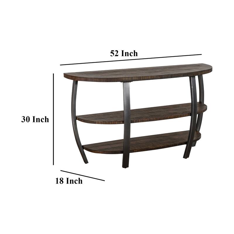 Flint Sofa Table w 2 Shelves, 52 Inch Semi Circle Top, Brown, Barrel