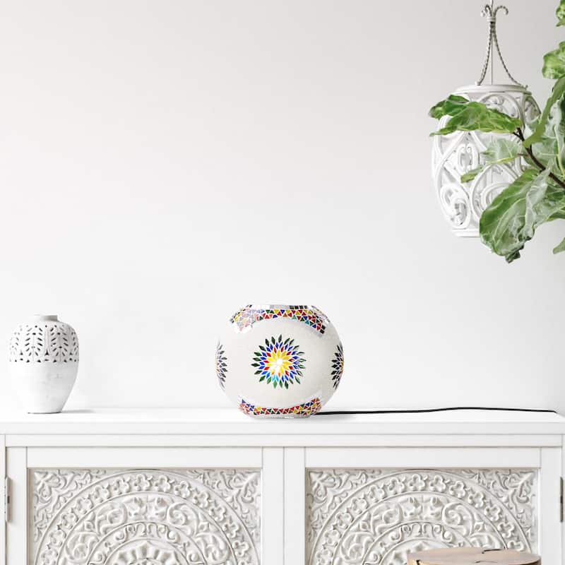 Amelia River of Goods White and Multicolor Mosaic Glass Oval Shaped Shade 9.5-Inch Accent Lamp - 9.75" x 5.75" x 9.5"