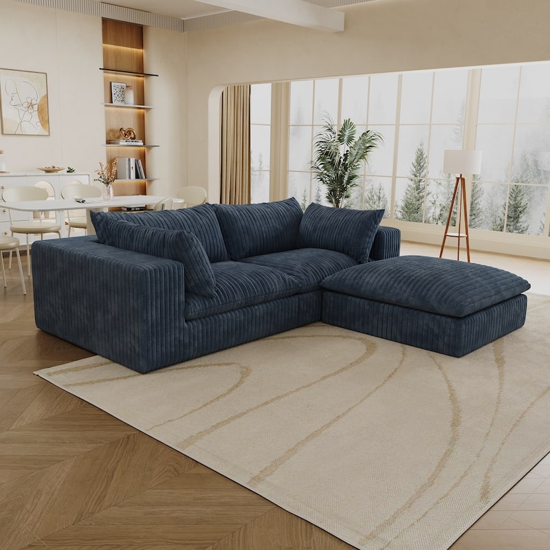 Corduroy Loveseat & Ottoman Set, L-shaped Sectional Sofa with Double-layer Seat Cushions, Modular Chaise Lounger Couch