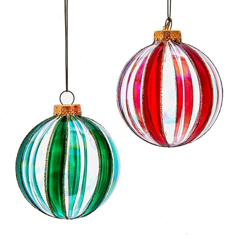 Kurt Adler 80MM Glass Red, White and Green Striped Ball Ornament, 6-Piece Box