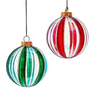 Kurt Adler 80MM Glass Red, White and Green Striped Ball Ornament, 6-Piece Box