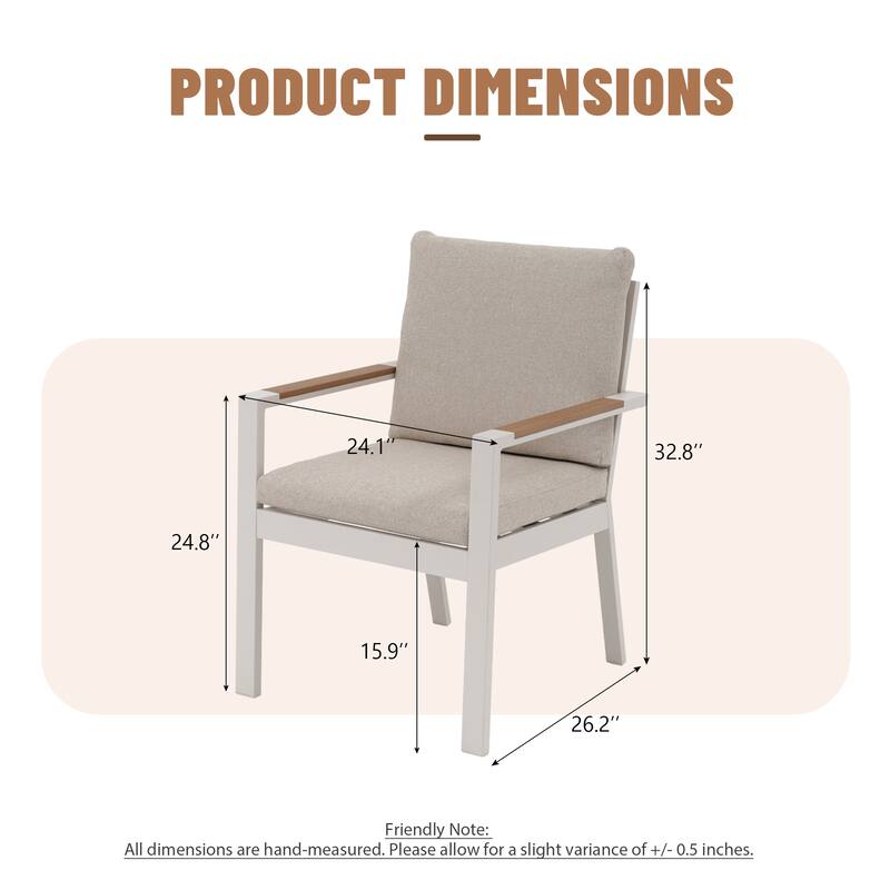 Outdoor Aluminum Dining Chair, Rust-Proof Patio Dining Chairs with Removable Cushions & Faux Wood Armrests