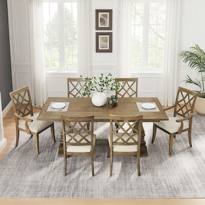 7 Pcs Wooden Furniture Set, Dining Table Set for 6, Rectangular Extendable Kitchen Table and 6 Upholstered Dining Chairs