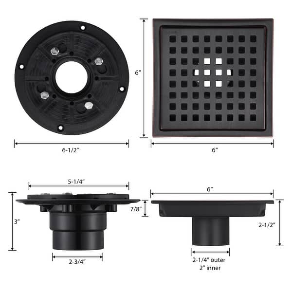 dimension image slide 3 of 4, Luxier FD01 6 in. x 6 in. Stainless Steel Square Shower Floor Drain