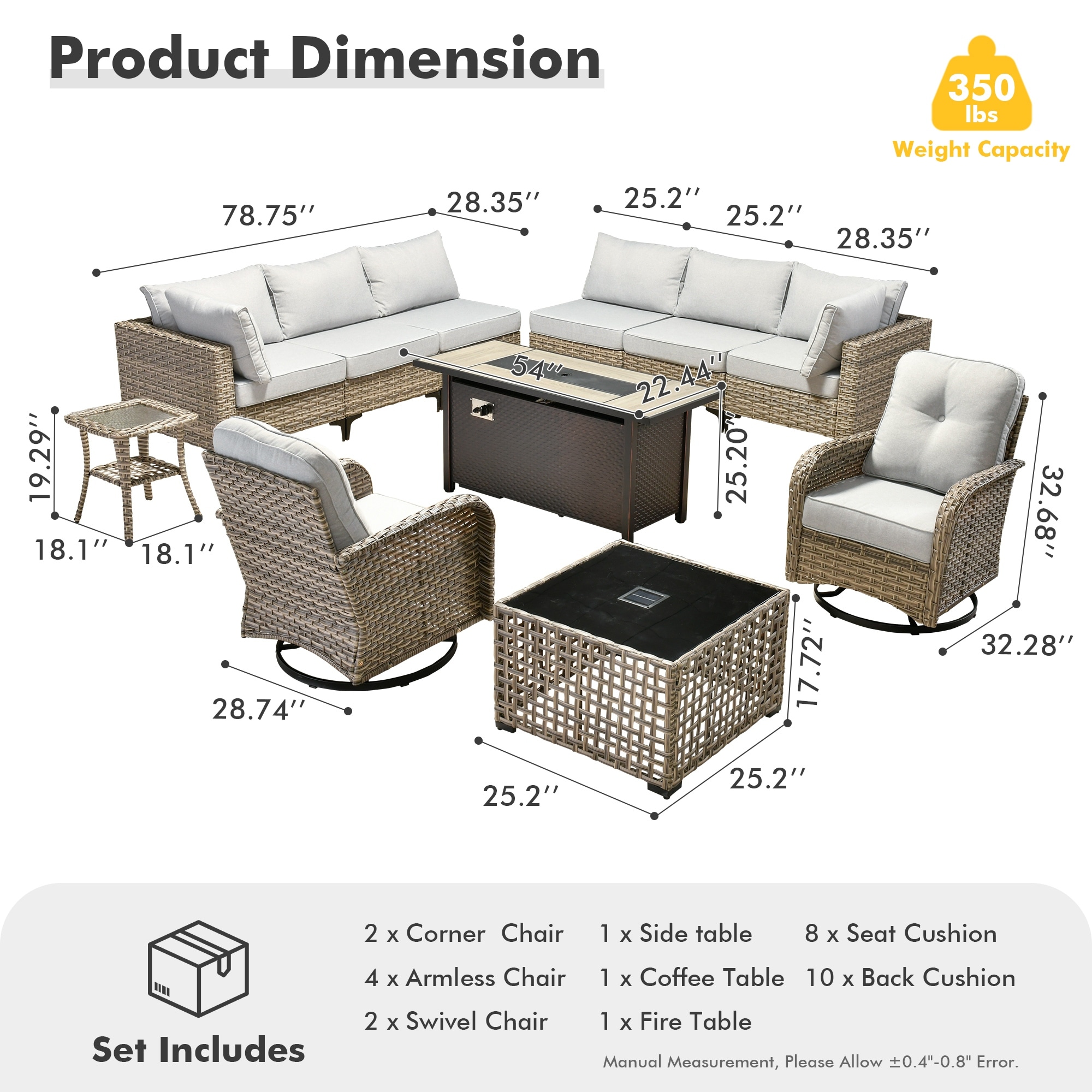 OVIOS 11 Pieces Outdoor Wicker Swivel Chair Set With Fire Table