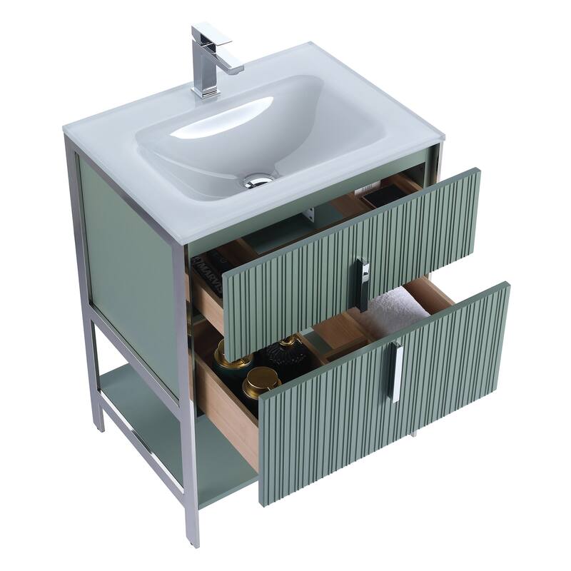 Fine Fixtures Serenity Modern Bathroom Vanity with White Glass Top - Mint Green - Chrome Hardware - 24 inch