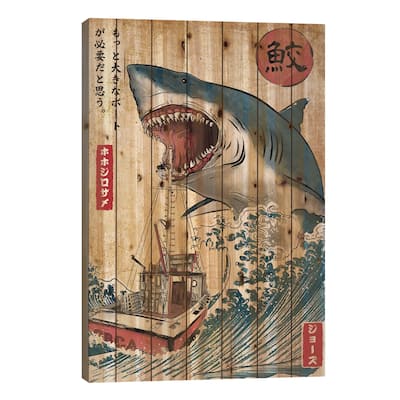 Hunting The Shark In Japan Print On Wood by Antonio Camarena - Multi-Color