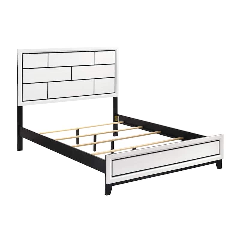 King Size Wood Panel Bed with Black Line Design and Upholstered Headboard