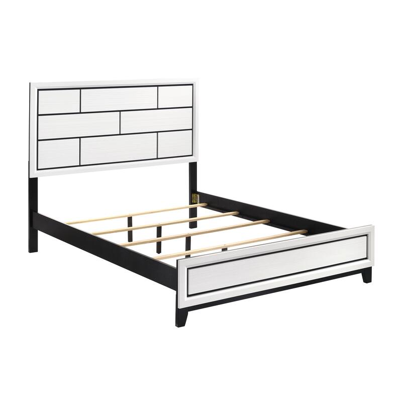 Modern White Queen Bed with Black Line Design, Wooden Bedroom Furniture