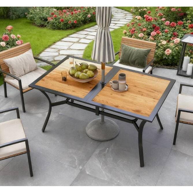 GDFStudio Outdoor Callidora Steel Outdoor Dining Table with Umbrella Hole for Six