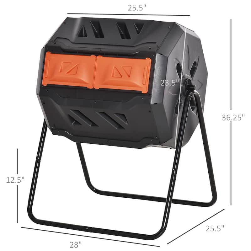 Outsunny Tumbling Compost Bin Outdoor Dual Chamber 360-deg Rotating Composter 43 Gallon w/ Sliding Doors & Solid Steel Frame