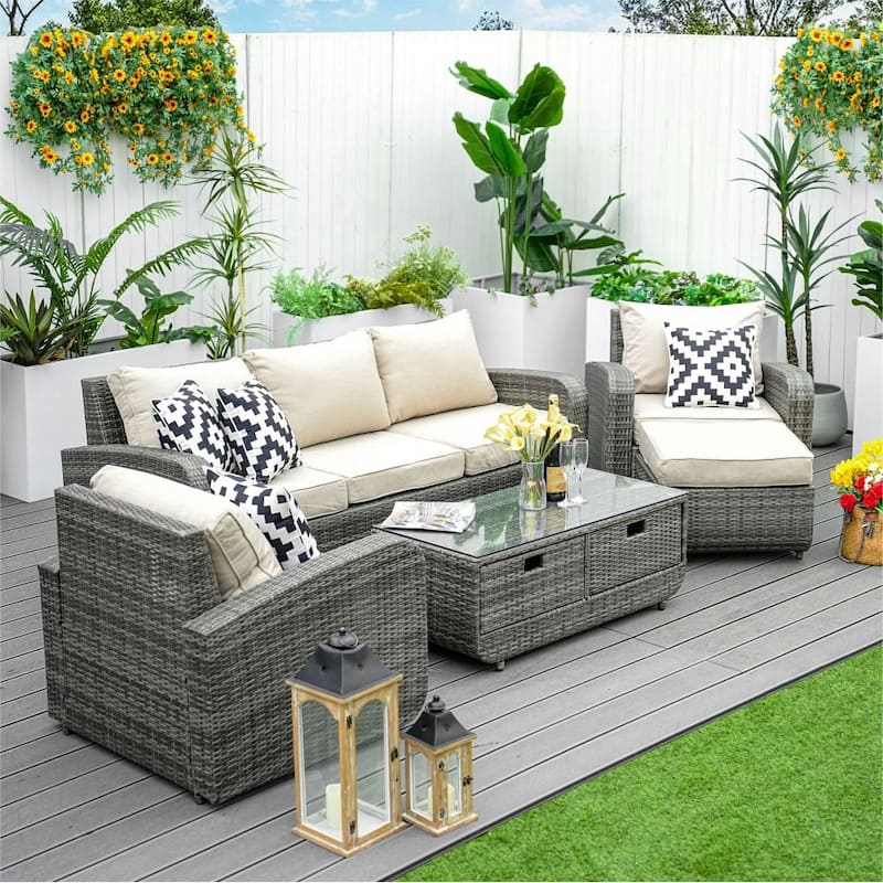 5 Pieces Patio Sectional Sofa with Storage End Table