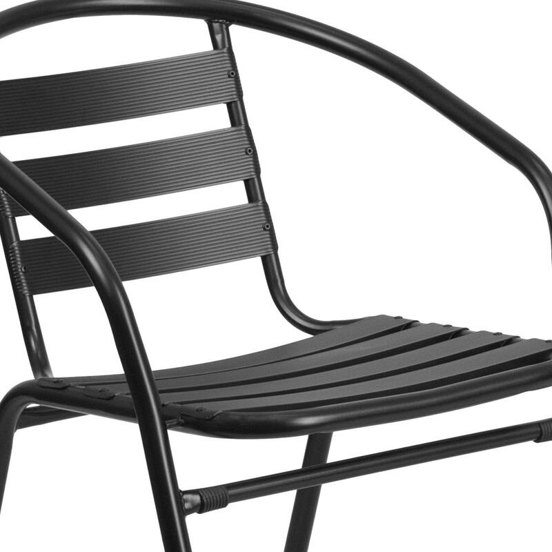 31.5" Round Glass Metal Table with 4 Metal Aluminum Slat Stack Chairs