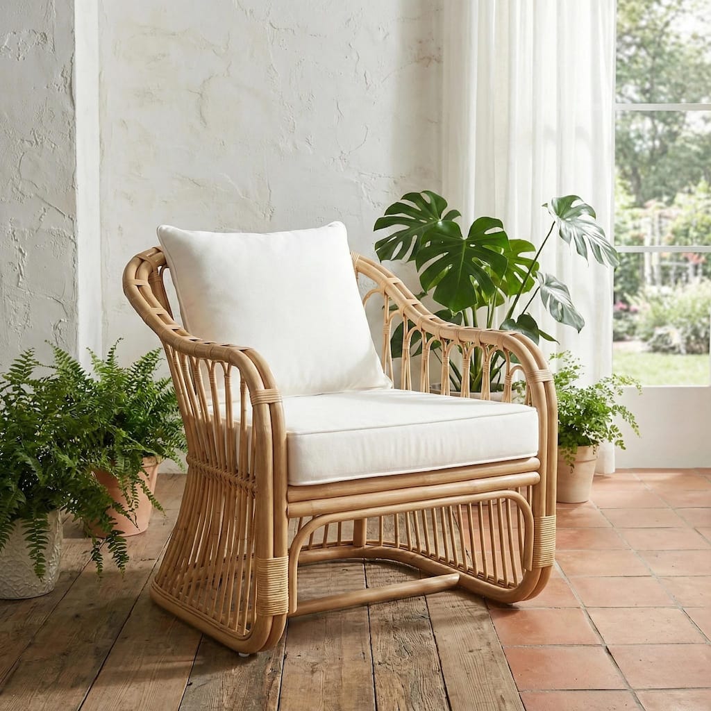 NPD Furniture Maeva Boho Upholstered Rattan Armchair with Pillow