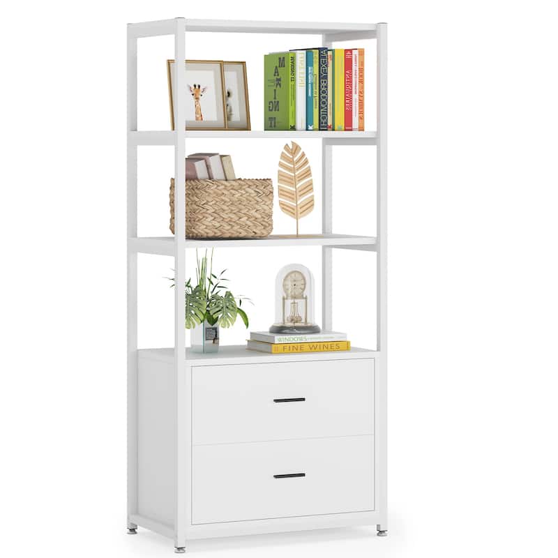 4-Tier White Bookshelf with 2 Drawers, Etagere Standard Book Shelves Display Shelf for Home Office - 60”H x 23.6”L x 15.7”W