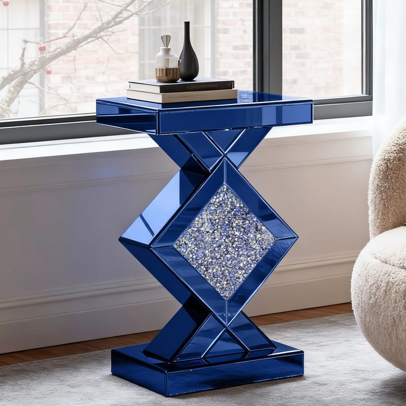 23" Tall Mirrored Glass End Table With Crushed Diamond