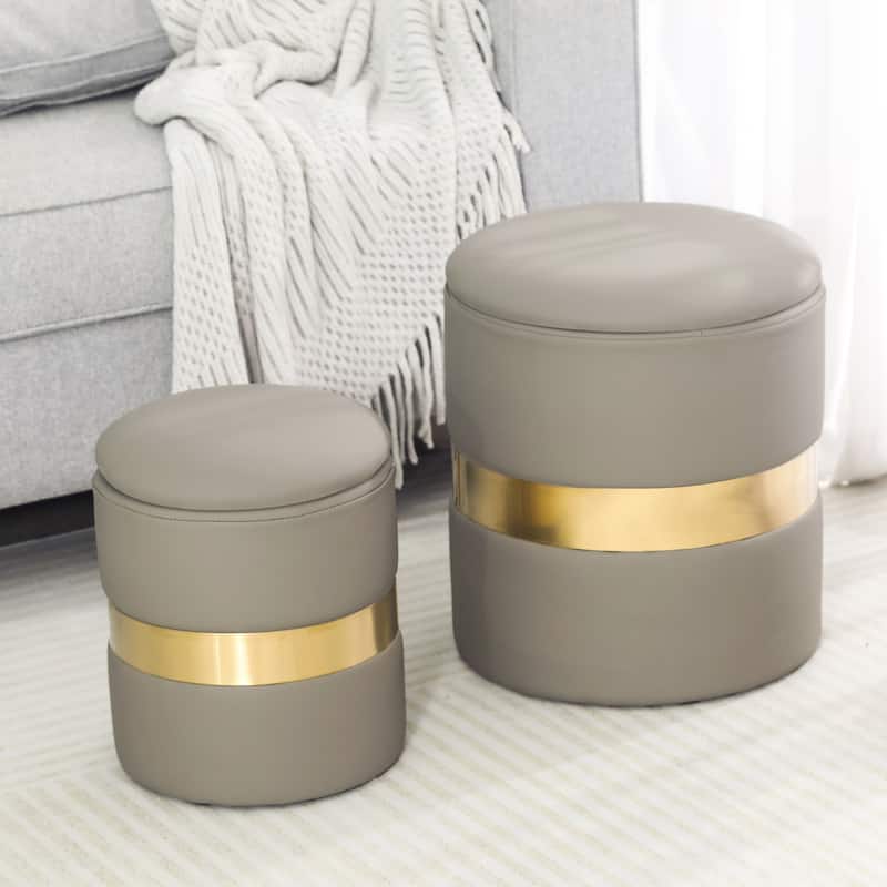 Adeco Set of 2 Velvet Storage Ottoman Round Foot Stool Metal Band